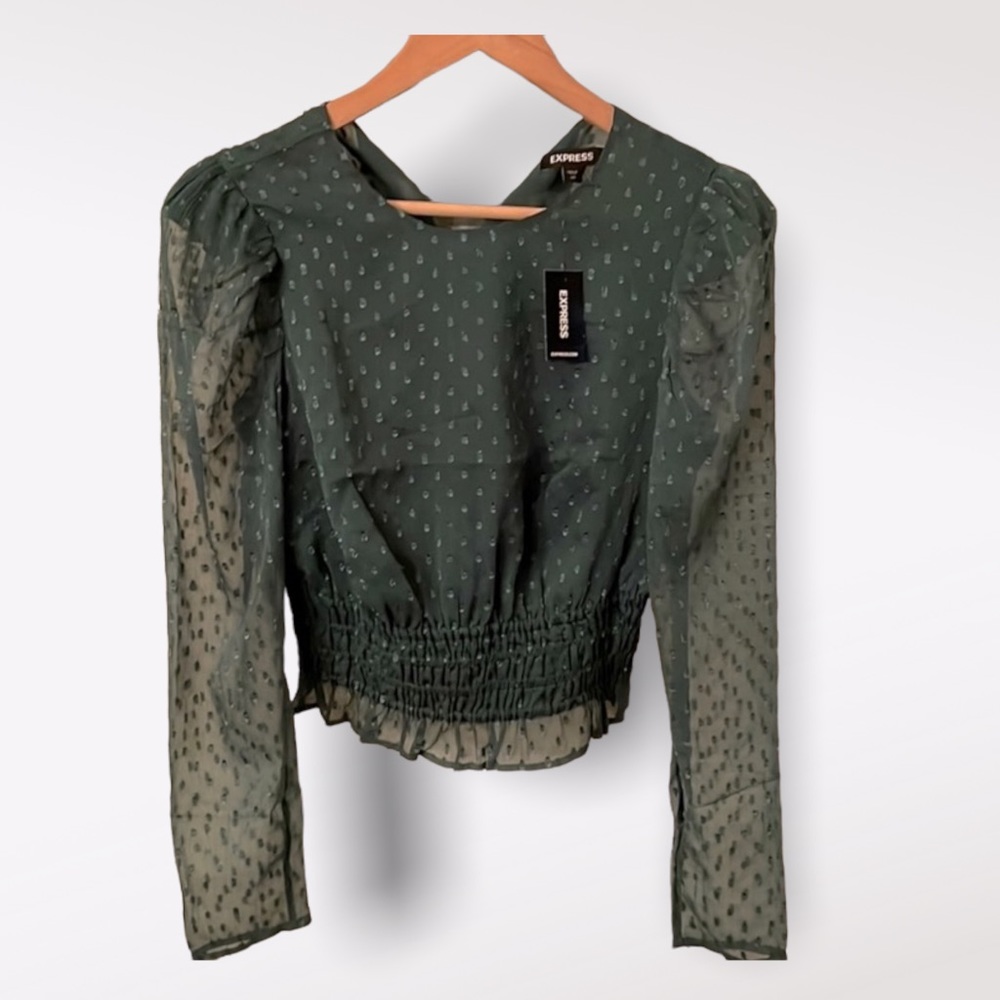 Emerald Green Clip Dot Puff Sleeve Crew Neck Top Size XS